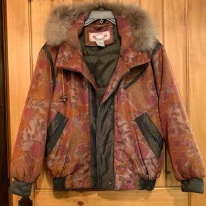 Vintage Puffer Jacket w/ Real Fur Trim, Silky Floral Watercolor, Oversized Fit